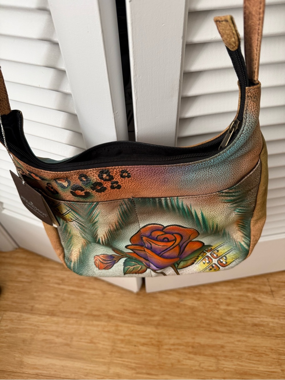 Anuschka Hand-Painted Rose Leather Shoulder Bag in Purple, Orange, Green, Tan